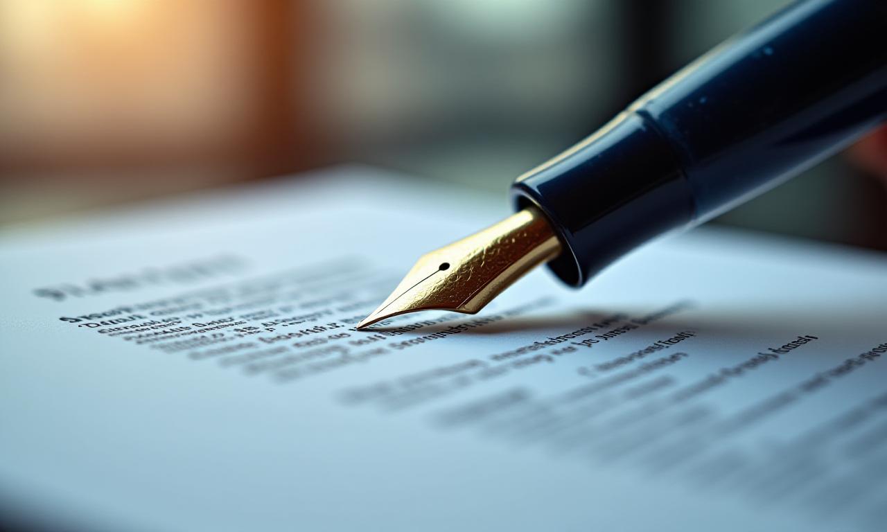 Close-up of a high-end legal fountain pen on a drafted contract, representing precision and legal excellence in London.